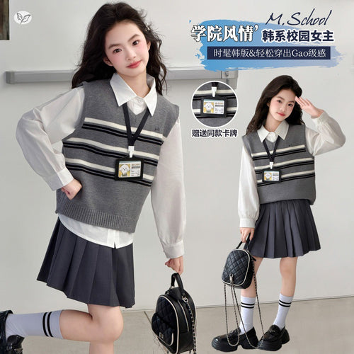 Girls' Striped Vest, Shirt & Pleated Skirt - Preppy 3-Piece Set