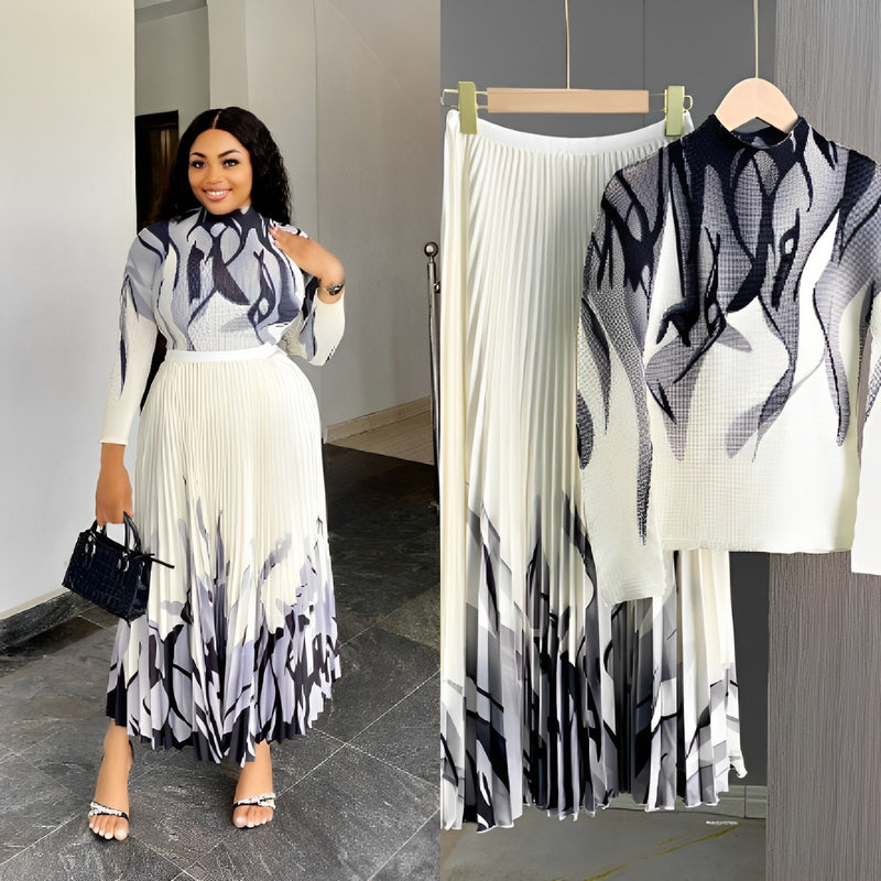 Fashion Elegant Printed Pleated Skirt 2-Piece Set