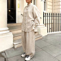 Women's Casual Linen Cotton Long Sleeve Stand Collar Frog Button Loose Shirt + Pants - Apricot