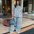 2026 Summer Fashion V-Neck Button Short Sleeve Shirt + Hollow-Out Wide Leg Pants Set