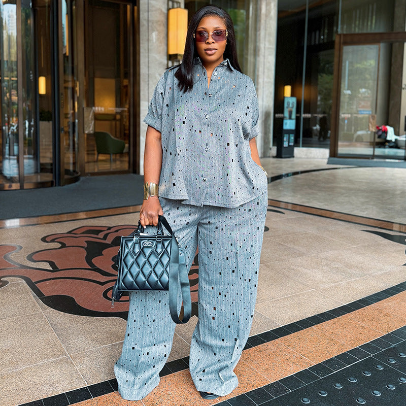 2026 Summer Fashion V-Neck Button Short Sleeve Shirt + Hollow-Out Wide Leg Pants Set