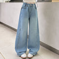 Girls' Stitched Light Blue Curved Wide-Leg Jeans