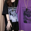 Plus Size Print Slit Midi T-Shirt - Slimming Short Sleeve Casual Top Women