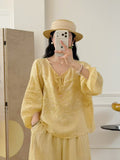 Women's Summer Ethnic Relaxed Ramie Embroidered 3/4 Sleeve V-Neck Loose Set 2026 - Pink Top