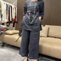 Women's Summer New Chinese Embroidered 3/4 Sleeve Heavy Wide Leg Pants + Shirt 2-Piec - Pink
