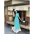 Women's Summer New Chinese Retro Lace Patchwork Qipao Dress + Dress + Long Skirt 2-Pi