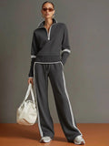 Sporty Casual Stand Collar Color-Block Wide Leg Pants + Hoodie 2-Piece Set