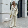 Fall Vacation Tencel V-Neck Tie-Front Ruffle Wide Leg Pants + Top 2-Piece Set