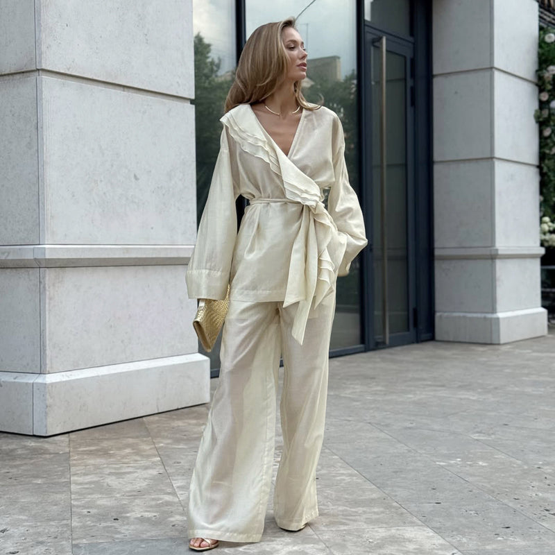 Fall Vacation Tencel V-Neck Tie-Front Ruffle Wide Leg Pants + Top 2-Piece Set