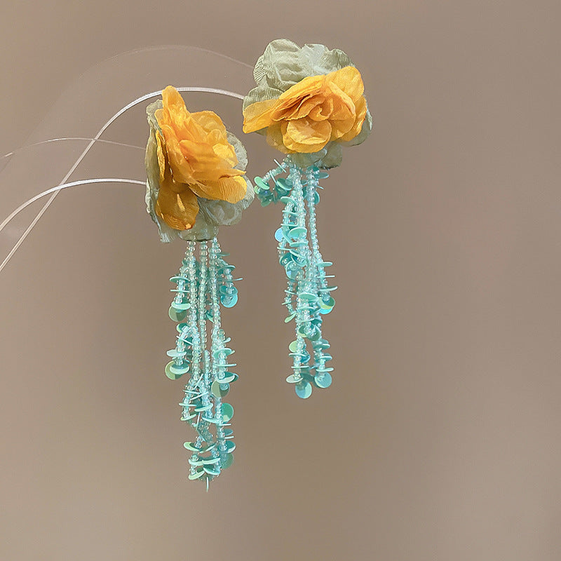 Floral Seed Bead Crystal Tassel Earrings - view 6