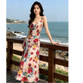French Retro Floral V-Neck Bodycon Fitted Long Dress