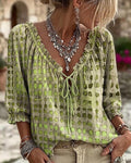 Summer Bohemian 3/4 Sleeve V-Neck Tie-Front Drawstring Shirt