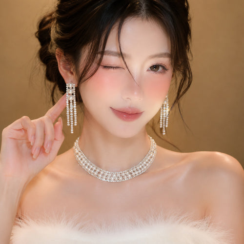 Silver Month Princess Breeze Rhinestone Multi-Layer Pearl Necklace Light Luxury Niche Clavicle Chain Socialite Date Earrings Women