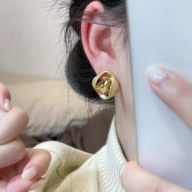 18K Gold-Plated Brushed Square Rhinestone Earrings - view 3