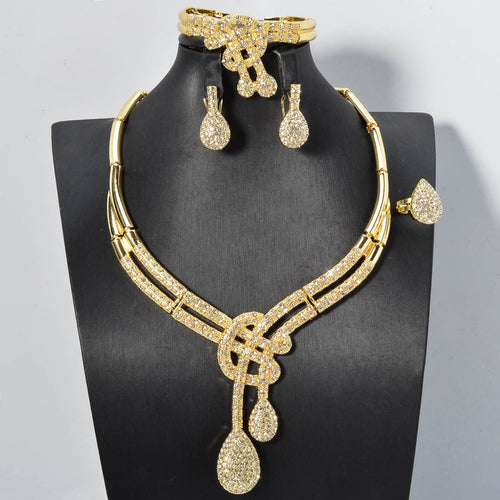 18K Gold Full Diamond Teardrop Necklace Bracelet Set Earrings Ring India Wedding Women Set Fashionable Versatile