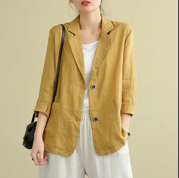 Women's Spring-Summer Artistic Casual Linen Cotton Long Sleeve Loose Sun-Protection T - Yellow