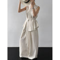 Summer Casual Elegant Sleeveless Stand Collar Waist-Tie Wide Leg Pants + Top 2-Piece Set