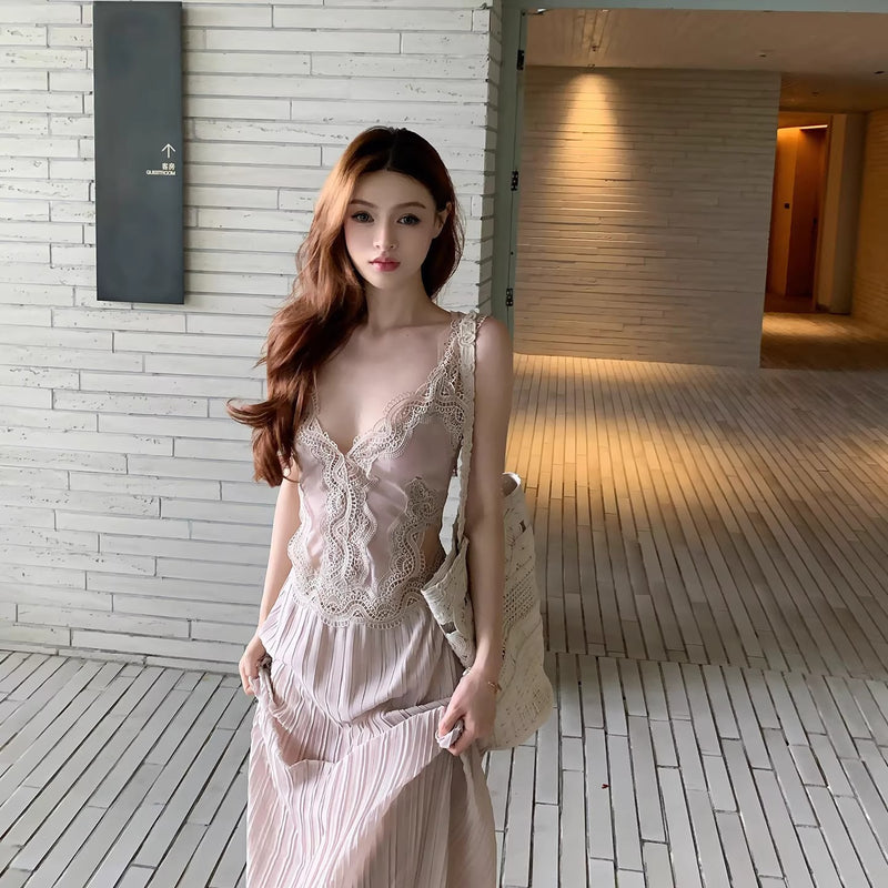 Lienni Nude Pink Embroidered Pleated Camisole Long Dress