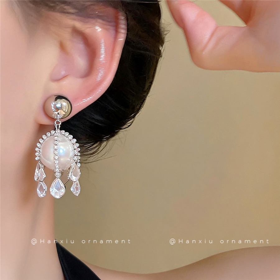 Vintage Zircon Pearl Tassel Stud Earrings - view 3