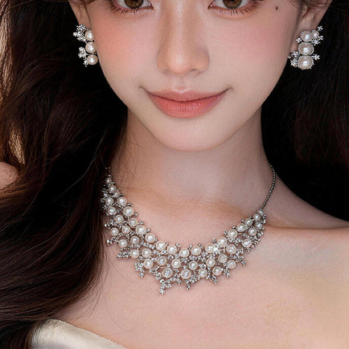 Windsor Flourish Bead Micro Diamond Geometric Pearl Jewelry Set Wedding Banquet Luxury Necklace Light Luxury Niche Necklace Women