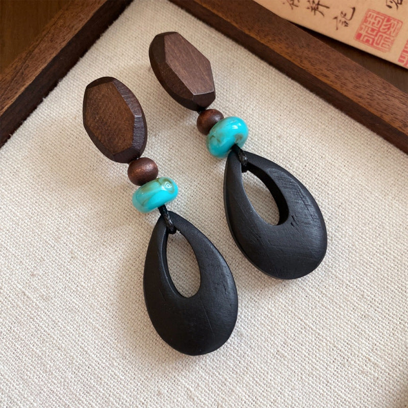 Vintage Round Wooden Drop Earrings - view 10