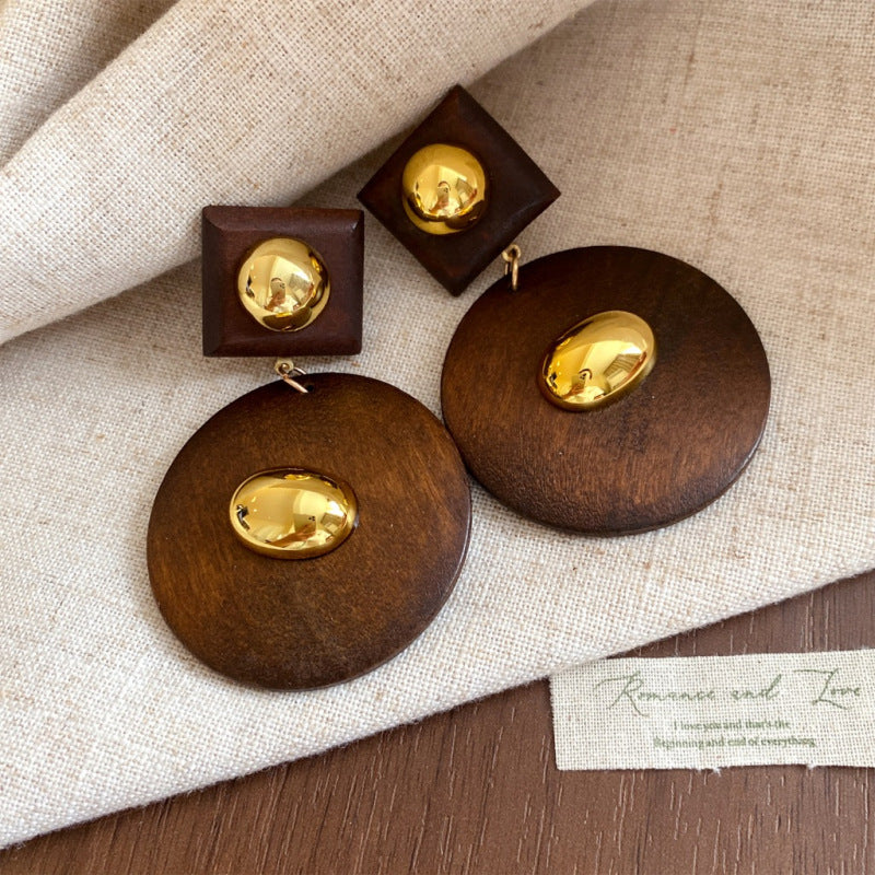 Vintage Round Wooden Drop Earrings - view 8