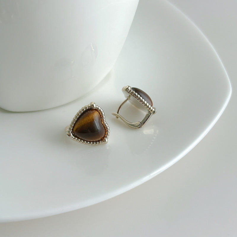 Vintage Tiger's Eye Heart Clip-On Earrings - view 6