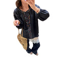 Women's Bohemian Ethnic Embroidered V-Neck Shirt + Pants 2-Piece Set 2026 - Navy Top