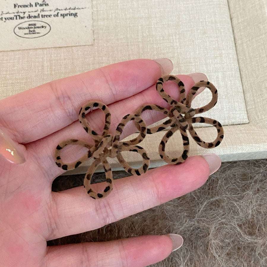 Vintage Leopard Print Velvet Flower Stud Earrings - view 4