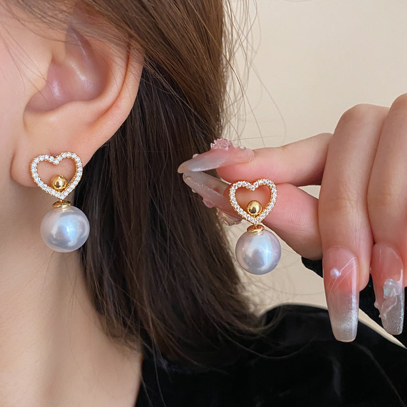 Zircon Heart and Pearl Geometric Stud Earrings – French Vintage Style - view 2