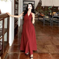 French Retro Red Halter Fitted Long Dress, Seaside Vacation