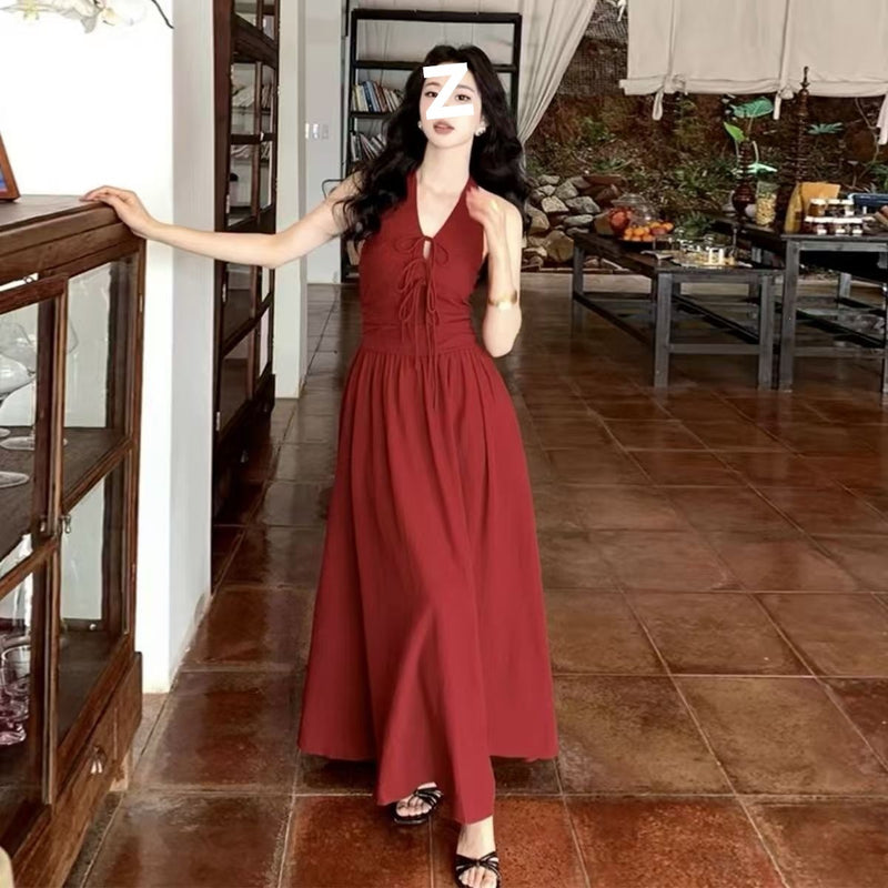 French Retro Red Halter Fitted Long Dress, Seaside Vacation