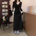 French Style V-Neck A-Line Dress - Waist-Cinching Short Sleeve Long Dress Women