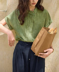 French Linen Jacquard Short Sleeve Lapel Collar Asymmetric Shirt