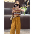 Summer Hong Kong Casual Hollow-Out Striped Ankle-Length Color-Block Knit Top + Pants 2-Piece Set