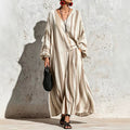 Fall Long Sleeve V-Neck Striped Printed Wide Leg Pants + Top 2-Piece Set