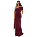 French One-Shoulder Ribbon Fish-Tail Gown - Ruched Waist Slimming Long Dress