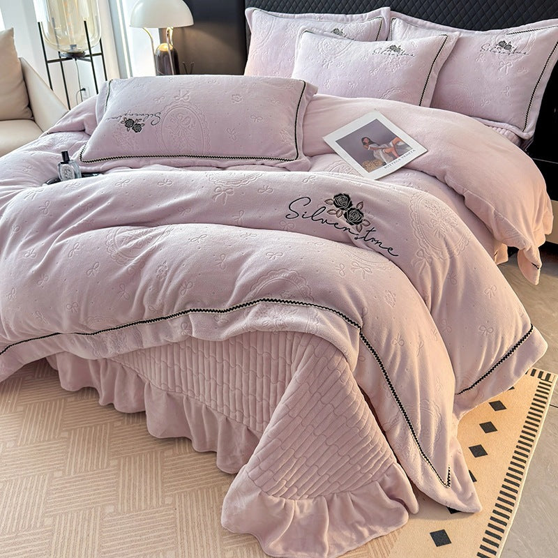 Floral Milkshake Embroidered Milk Velvet 4-Piece Bedding Set - view 4