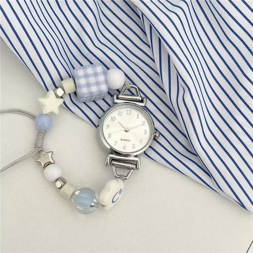 Korean Style Milk Blue Plaid Square Piece Beaded Bracelet Watch Adjustable Drawstring Maiden Stylish Student Watch Wholesale