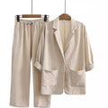 Fall Casual Fashion Linen Cotton Loose Blazer + Pants + Top 2-Piece Set