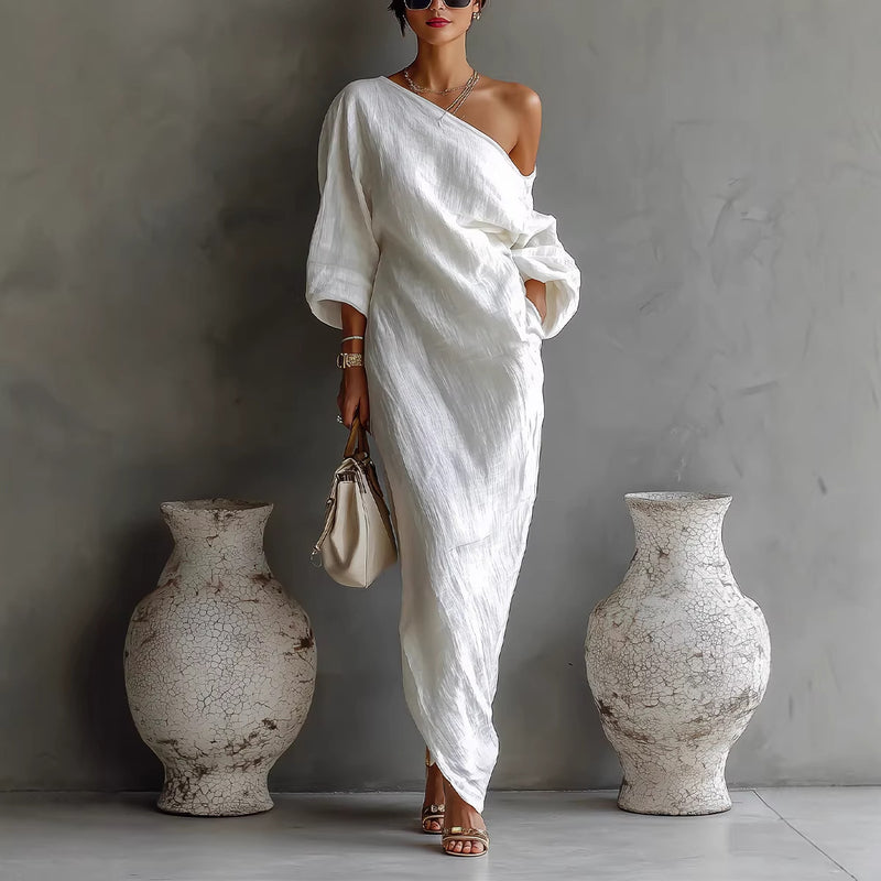 Off-Shoulder Long Sleeve Maxi Dress - High-End Fashion Pullover Style Women