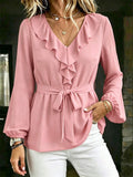 Elegant Slimming Lantern Sleeve Long Sleeve V-Neck Tie-Front Shirt