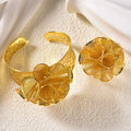 Middle East Copper Dubai Gold Bead Gem Set Pleated 3D Flower Cutout Bangle Ring Women Set Exquisite Present