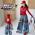 Girls' Red Letter Jacket & Wide-Leg Jeans Set - 2-Piece