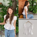 Summer Korean Gentle Puff Sleeve Waist-Tie Pleated Shirt