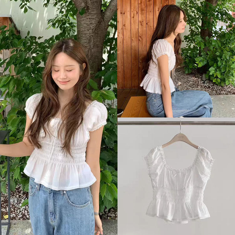 Summer Korean Gentle Puff Sleeve Waist-Tie Pleated Shirt