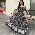 Rayon Floral Off-Shoulder Elastic Waist Bohemian Beach Dress