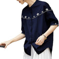 Women's Summer Korean Youthful Embroidered Short Sleeve Loose Cardigan + Shirt 2026 - Blue