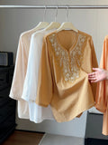 Summer Elegant Slimming 3/4 Sleeve V-Neck Beaded Heavy Shirt