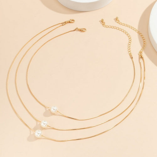 EU/US Import Fashionable Accessory Simple Gold Imitation Pearl Multi-Layer Clavicle Chain Light Luxury Feel Personality Snake Chain Necklace